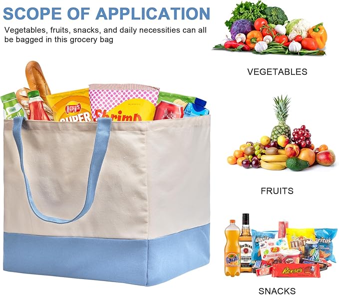 Reusable Grocery Bags Heavy Duty, 8.3 gal Foldable Large Canvas Tote Bag with Handles, Holds 60 lbs Canvas Shopping Bags, 1 Pack（Off White+Light Blue）