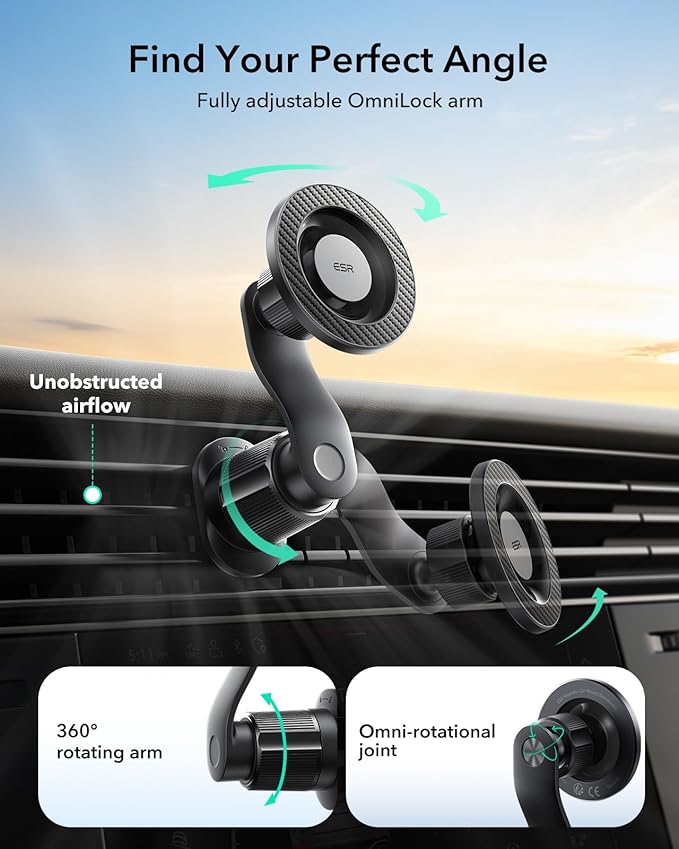 ESR OmniLock for MagSafe Car Mount, 360° Rotation, Car Phone Mount for Air Vent, Magnetic Phone Holder for iPhone 17e/17/16/15/14/13/12,Google/Samsung/Android,All Smartphones(2 MagSafe Rings Included)