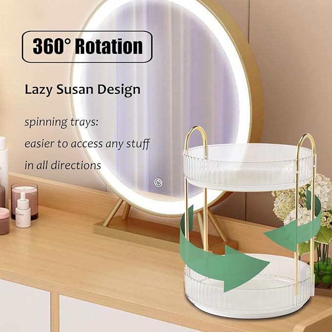 Rotating Makeup Organizer Countertop 2 Tier Lazy Susan Trays Clear Skincare Perfume Storage for Bathroom Counter Vanity, Tran