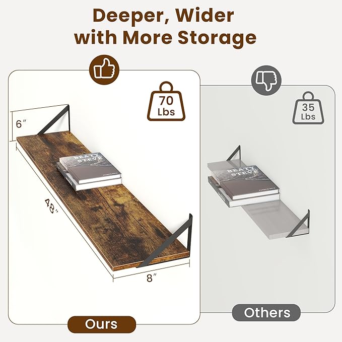Floating Shelves for Wall,48" Wx8 D Wood Wall Shelves,Hanging Storage Floating Shelf with Metal Brackets,Wide Floating Booksh