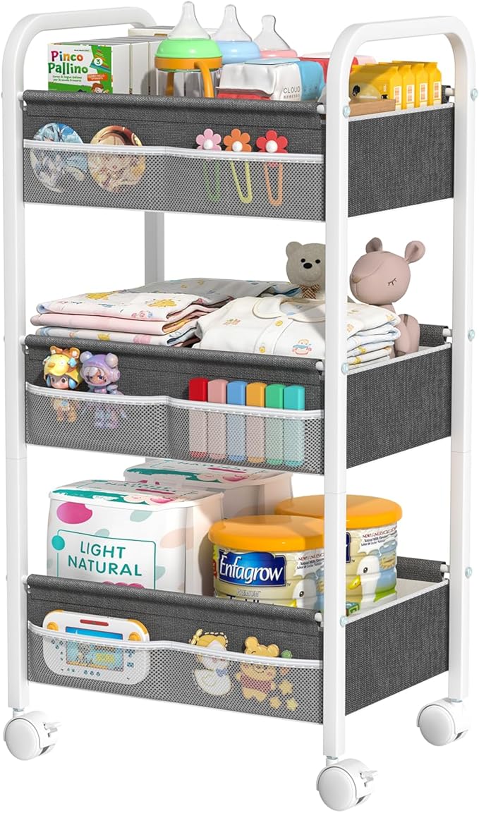 Baby Diaper Caddy Rolling Utility Cart, 3 Tier Baby Essentials Nursery Organizer and Storage with Dividers and Drawers for Cr