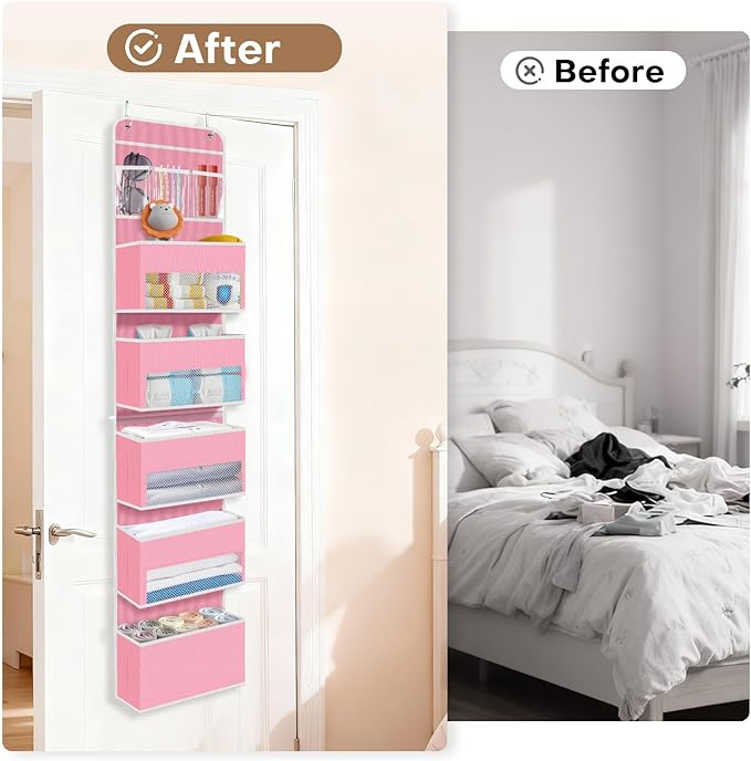 SpaceWhisper Over the Door Organizer, 6 Large Pocket Hanging Storage Organizer with 40lb Capacity, Space Saving for Nursery, 