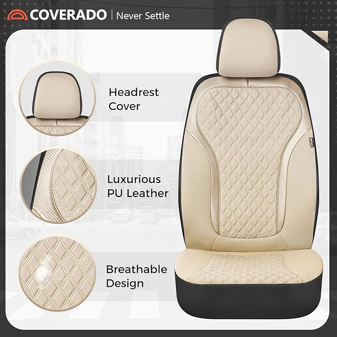 Coverado Car Seat Covers Full Set, Beige Car Seat Covers, Luxury Leather Car Seat Cover with Carbon Fiber Textured Design, Sp