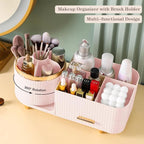 Rotating Makeup Organizer for Vanity with Brush Holder and Drawer, Cosmetic Makeup Storage, Large Spinning Makeup Skincare Or