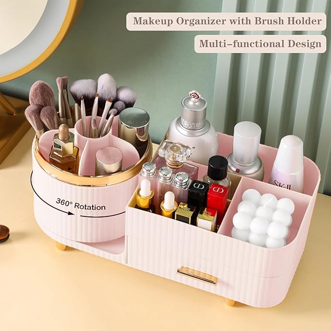 Rotating Makeup Organizer for Vanity with Brush Holder and Drawer, Cosmetic Makeup Storage, Large Spinning Makeup Skincare Or