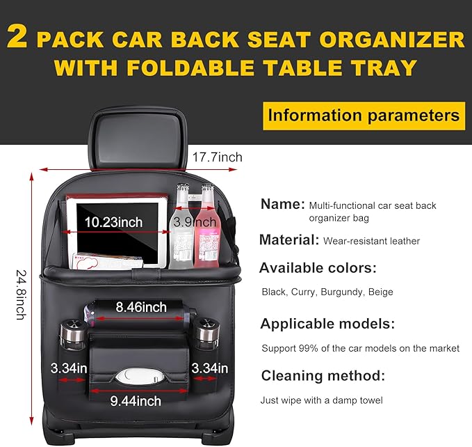 2 PCS Car Seat Back Pocket, Waterproof Leather Auto Back seat Organizer for Kids, Upgraded Car Organizer with Tablet Holder Pockets, Universal Interior Car Accessories (Black)