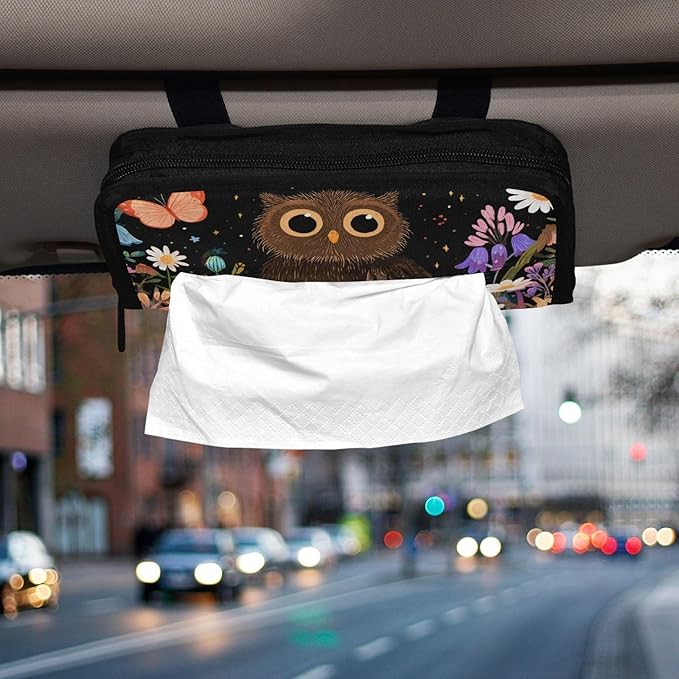 Car Tissue Holder Car Visor Organizer Tissue Box Holder for Car Sun Visor Organizer with Car Vehicle Accessories Essentials Interior for Women Men Black Owl Flowers Butterflies