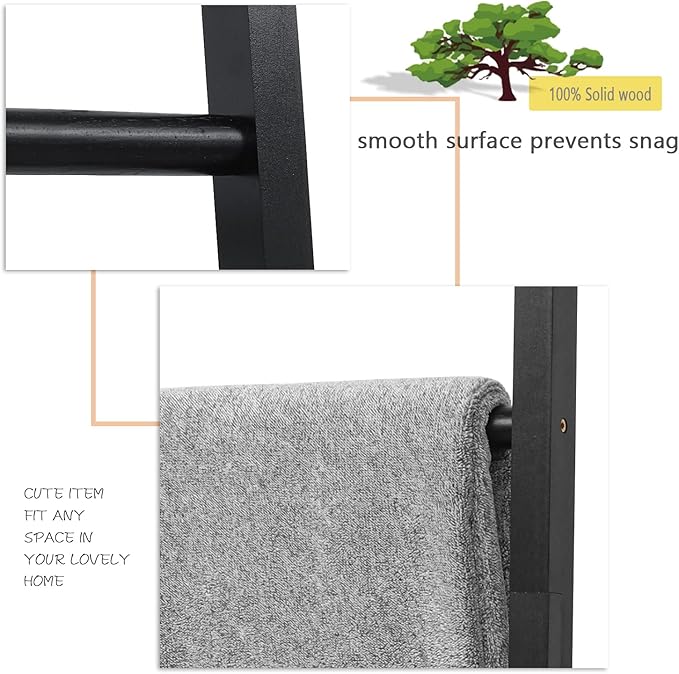 FUIN 6ft Wooden Black Blanket Ladder Living Room Decorative Wall Leaning Farmhouse Quilt Display Holder Rustic Wood Towel Rac