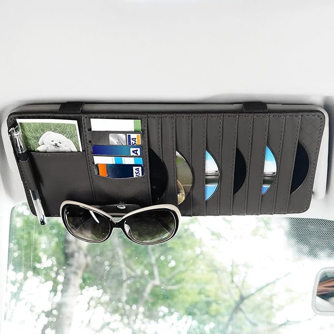 alpmosn Sun Visor CD Case Holder for Car - Multi-Function Visor Organizer with CD/DVD Storage, Eyeglass Clip, Card Slots & Pen Holder, Durable Leather Car Accessories (Black)