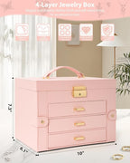 AKOZLIN Large 4-Tier Jewelry Box Leather Jewelry Storage Organizer with 3 Drawers Lockable for Women Girls Ring Necklace Earr