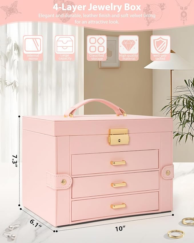 AKOZLIN Large 4-Tier Jewelry Box Leather Jewelry Storage Organizer with 3 Drawers Lockable for Women Girls Ring Necklace Earr
