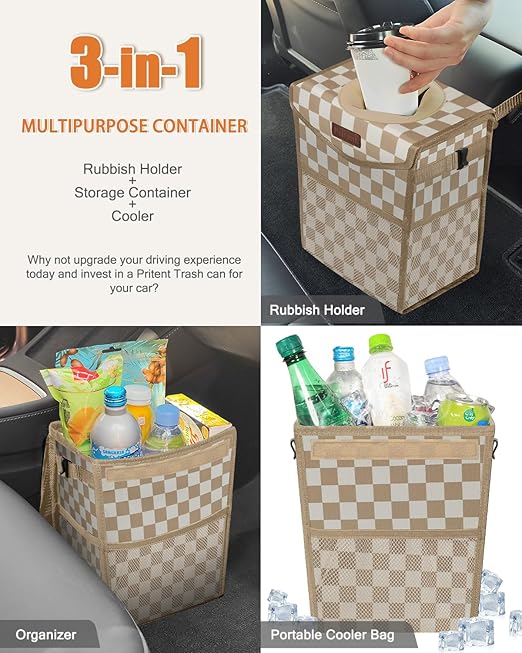 Car Trash Can with Lid, Cute Leakproof Car Trash Garbage Bag Hanging Vehicle Trash Bin Small Portable Automotive Garbage Cans Organizer for Back/Front Seat(Trapezoid,Khaki Checkered)