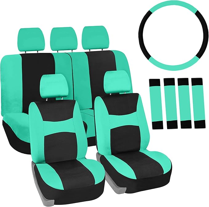 FH Group Full Set Cloth Car Seat Covers , Universal Fit combo, Low Back Front Seat Covers, Airbag Compatible, Split Bench Rear Seat, Washable Seat Cover for SUV,Sedan,Van, Mint