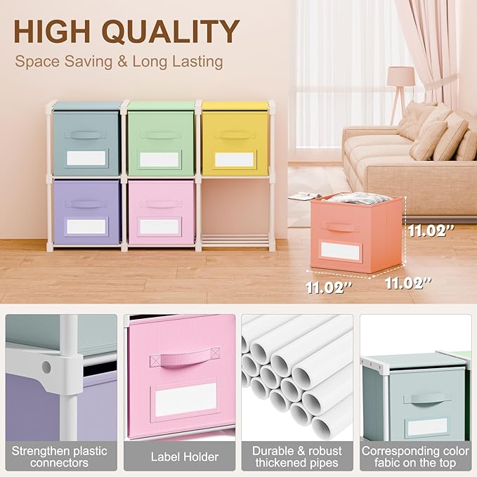 Geelin 6 Cube Toy Storage Organizer with Fabric Bins and Labels, 11 Inch Collapsible Colorful Cubby Storage Drawers Pastel Dr