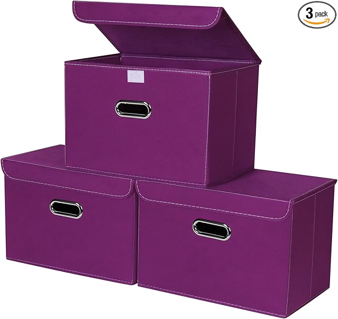 STOREONE Fabric Storage Cube Bins Foldable Organizer Container Collapsible Basket with Lids and Metal Handles, for Home, Bedr