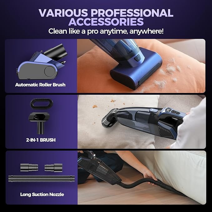 Pet Hair Handheld Vacuum Cordless: 20000PA High Power Car Vacuum with Motorized Brush and LED Light, Rechargeable Hand Held V