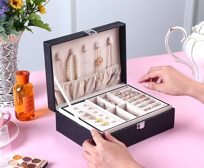 Voova Jewelry Box Organizer for Women Girls, 2 Layer Large Men Jewelry Storage Case, PU Leather Display Jewellery Holder with
