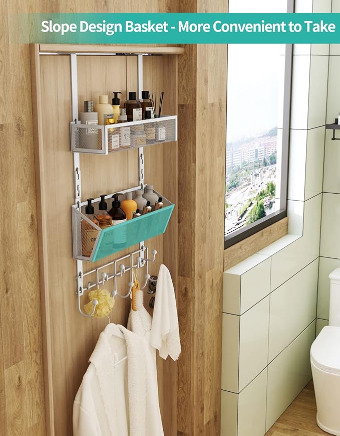 HapiRm Over Door Hook with 2 Mesh Baskets and 9 Hooks, 304 Stainless Steel No Drilling Over The Door Hanger, Storage Organize