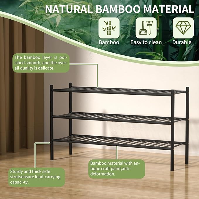 ROMGUAR CRAFT 3-Tier Bamboo Long Shoe Rack, Free Standing Wood Shoe Shelf Storage Organizer for Closet Entryway Stackable 35"