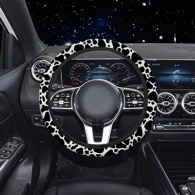 10 Pieces Cow Car Steering Wheel Cover Center Console Armrest Pad Headrest Seat Belt Cover Handbrake Cover Keychain Coaster Full Set Car SUV(Cow)