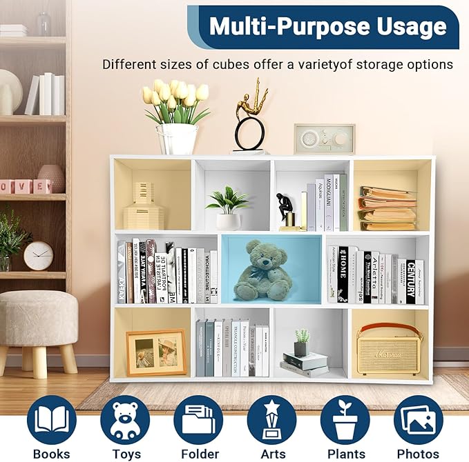 Whitmor 11 Cube Storage Organizer, 4 Tier Stackable Bookcase, Open Storage Display Bookshelf, Storage Cabinet for Living Room