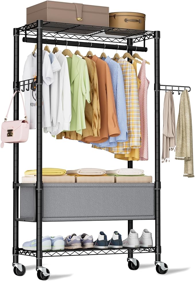 Heavy Duty Clothes Rack Rolling Garment Rack,3 Tier Adjustable Wire Shelving Clothing Racks for Hanging Clothes with Double R