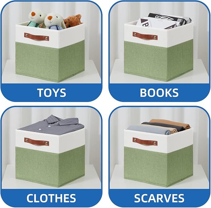 Temary Fabric Storage Bin 11x11 Cube Storage Bins for Home, 4 Pack Fabric Organizer Bins Cube Organizer Bins with Leather Han