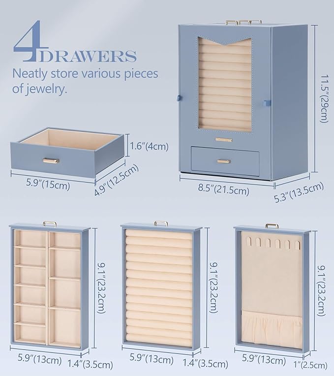 Homde Jewelry Organizer with Transparent Window Necklace Hooks Gift for Women Jewelry Box Display Case for Necklaces Rings Ea