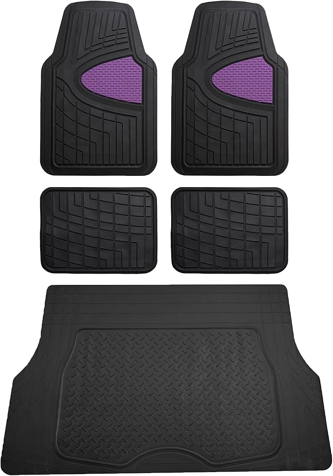 FH Group Premium Liners Tall Channel Trimmable All Weather Rubber Full Set Car Floor Mats (Purple) w. Trimmable All-Season Cargo Liner (Black) - Universal Fit for Cars Trucks and SUVs
