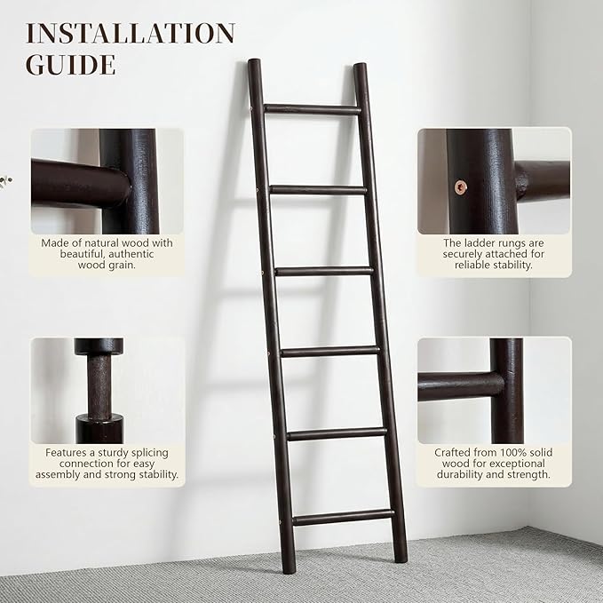 Wooden Blanket Ladder - 76in Natural Wood Color- Leaning Wall Decor for Bedroom, Bathroom, Living Room - Rustic Quilt Holder 