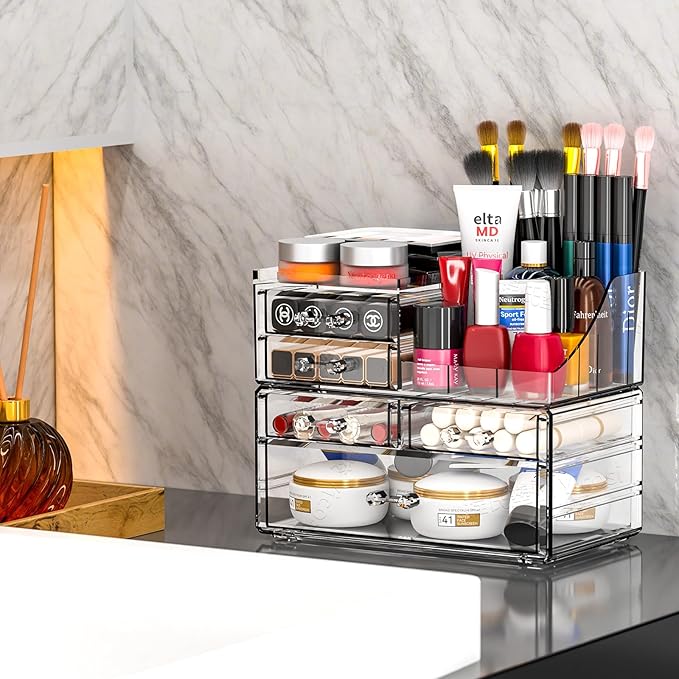 SUOXING Clear Acrylic Makeup Organizer for Vanity,Bathroom,Dresser,5 Drawer Make up Organizers for Counter,Plastic Countertop