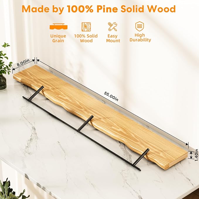 Floating Shelves for Wall Rustic Farmhouse 55 Inch Floating Shelf Bathroom Wooden Shelves for Wall Mounted Live Edge Pine She