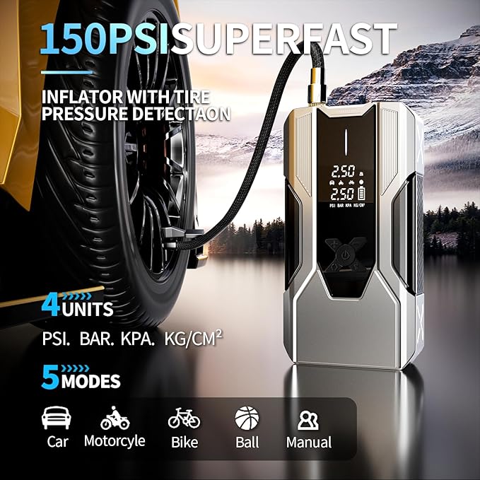 Emergency Portable Jump Starter with Air Compressor - 3000A 150PSI for Cars, Trucks & SUVs up to 9L Gas/7L Diesel, 12000mAh