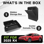 Muslogy 2PCS Center Console Organizer & Hidden Storage Box One-Touch Compatible with Kia K4 2025 Accessories Armrest Privacy Insert Tray Console Divider Insert Organizer