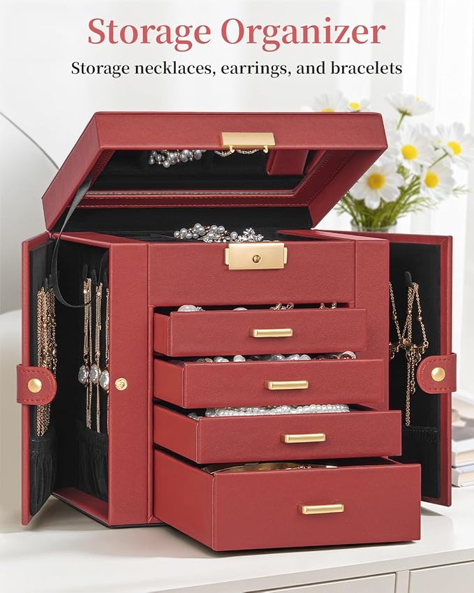 TORIBIO Jewelry Box for Women, Leather Jewelry Organizer with Mirror & Lock, 5-Tier Jewelry Storage Organizer with 4 Drawers 