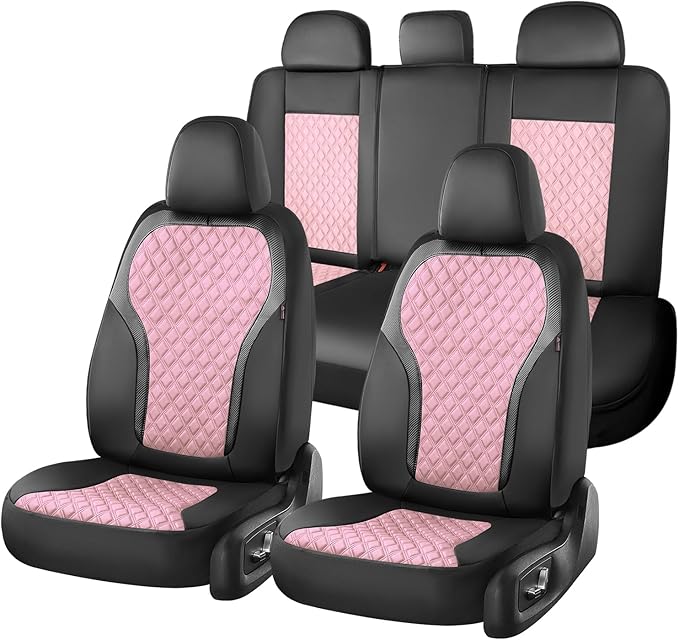 Coverado Car Seat Cover 5 Seats, Leather Seat Covers Full Set, Durable Waterproof Car Seat Protectors, Black and Pink Seat Co