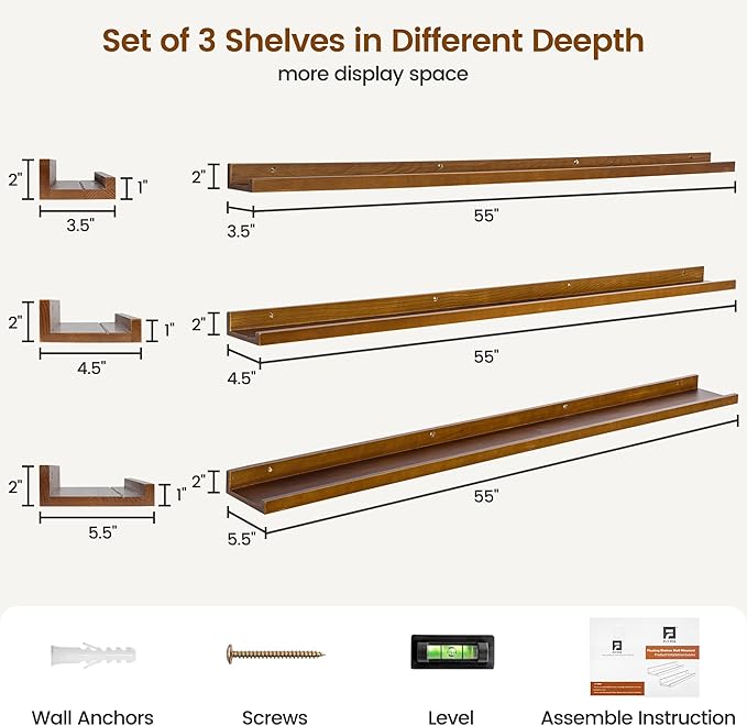 Picture Ledge Wall Shelves - Set of 3, 56 inches Width, Solid Pine Wood Rustic Floating Ledge Shelves for Kids' Room, Bedroom