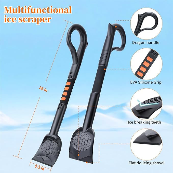 25.8'' Larger Ice Scrapers for Car Windshield | Dang Near Indestructible Ice from Scrape Frost and Ice |3-in-1 Emergency Snow Shovel | Detachable Remover with Foam Grip for Small Cars, Trucks, SUVs