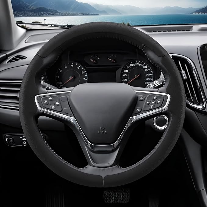 Steering Wheel Cover for Chevy Malibu 2016-2024/ Equinox 2018-2024/ Bolt EV 2017-2021/ Volt 2016-2019, Car Steering Wheel Cover for Chevrolet (Black Perforated Leather)