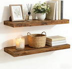 15.7 inch Rustic Brown Floating Shelves Set of 2, Solid Wood Wall Mounted Shelves, Heavy Duty Display Storage Shelves for Bed