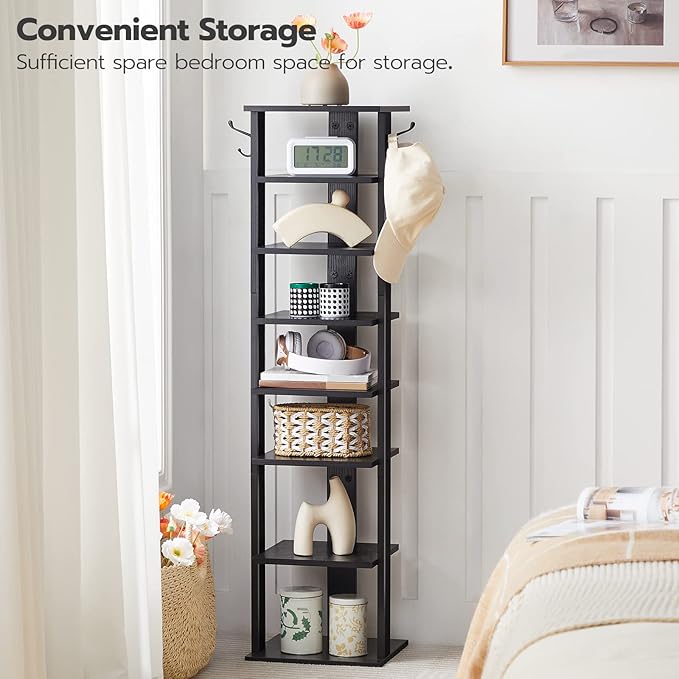 HOOBRO 8 Tiers Vertical Shoe Rack, Wooden Shoe Storage Organizer with Hooks, Narrow Shoe Tower for 8 Pairs, Space Saving, for
