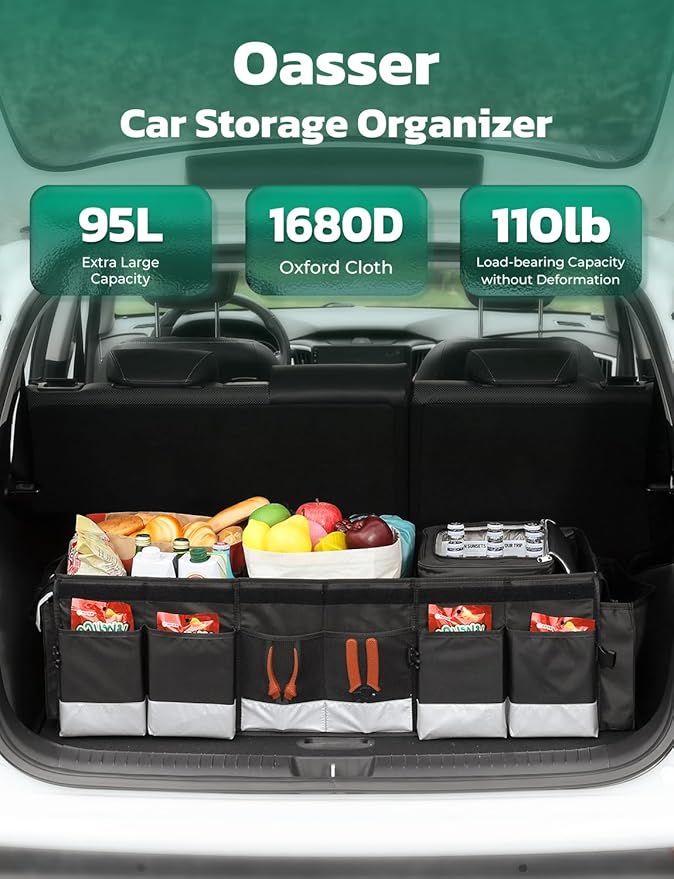 Oasser Trunk Organizer with Cooler Bag 95L, Bearing 110lb No Deformation, Collapsible with Multi Compartments, Removable