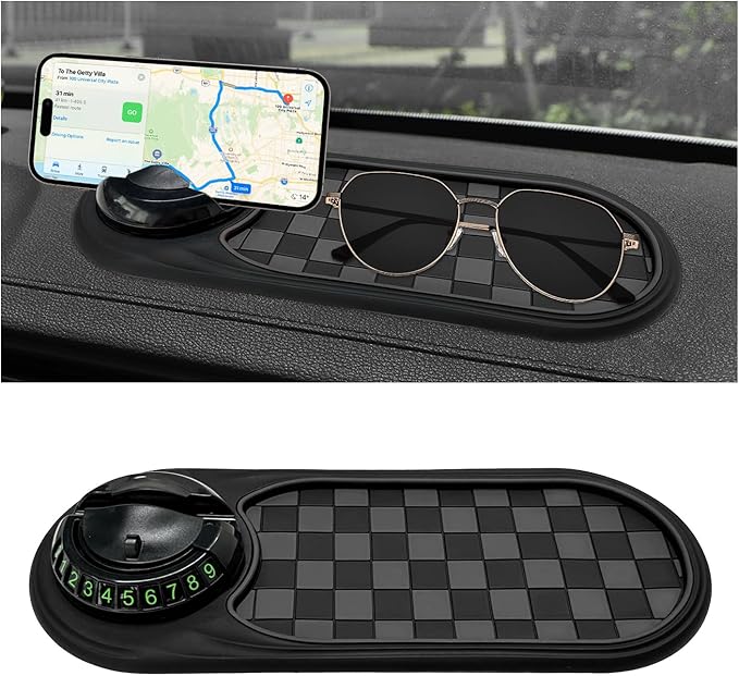 Multifunction Car Anti-Slip Mat, Anti Skid Dashboard Pad Rotatable Phone Holder w/Temporary Parking Number, Universal Auto Ce