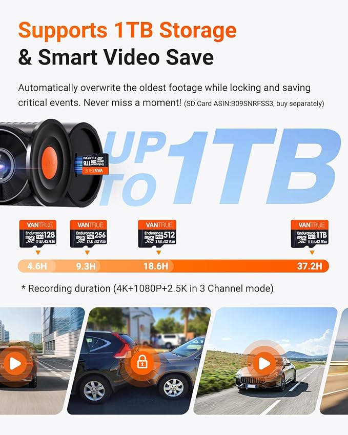 Vantrue N4 Pro S 4K 3 Channel Dash Cam w/Triple STARVIS 2, 4K+1080P+2.5K Front Inside Rear Dash Camera, 4+2.5K Dual Channel, 