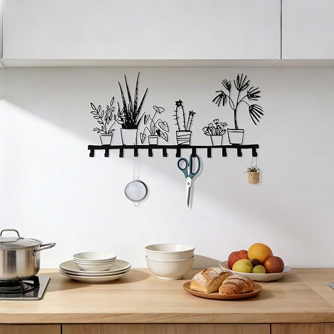 Black Metal Large Wall Mount Rack Set of 2 with 12 Hooks, Unique Wall Hooks for Clothes, Hat, Bag, Key, Cute Wall Hanger for 