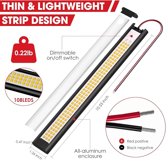 12V LED Light, Enclosed Trailer Light, 12 Volt Lights, 12v LED Strip for RV Interior, Strip Lights for Trailer, Cargo, Truck, Van, Shed, RV(2Pack, 4000K, Black)
