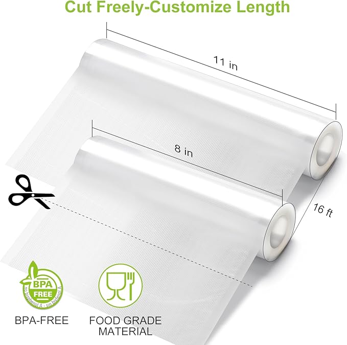 [2025 Upgraded] Bonsenkitchen 3 Rolls 11" x 16' + 3 Rolls 8" x 16' Vacuum Sealer Bags for Food with a Color Box, Easy to Stor