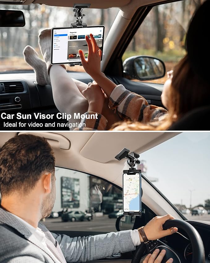woleyi Sun Visor Car Tablet Holder, Visor Clip Tablet Mount for Car, 360° Rotation Universal Steering Wheel Tablets Clamp with 1/4'' Screw for iPad Pro Air Mini, Phone, Switch, 4.7-13" Devices/Camera