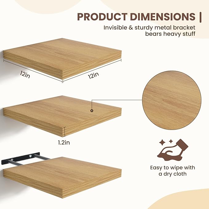 Fun Memories Floating Shelves for Wall - 12 Inch Square Shelves with Invisible Brackets, Small Wall Shelf for Living Room, Ba