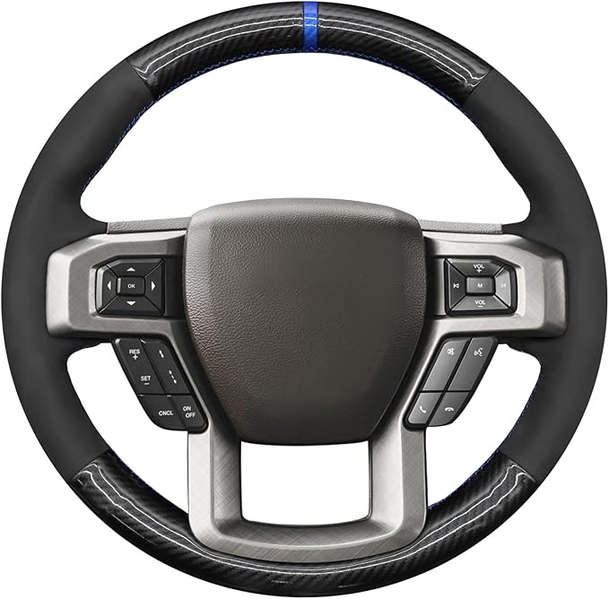 MEWANT DIY Black Athsuede Shiny PU Carbon Fiber Steering Wheel Cover for Ford F150 F250 F350 F450 Expedition 2018-2021